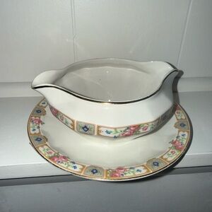 Antique Charming Floral Gravy Boat and Saucer